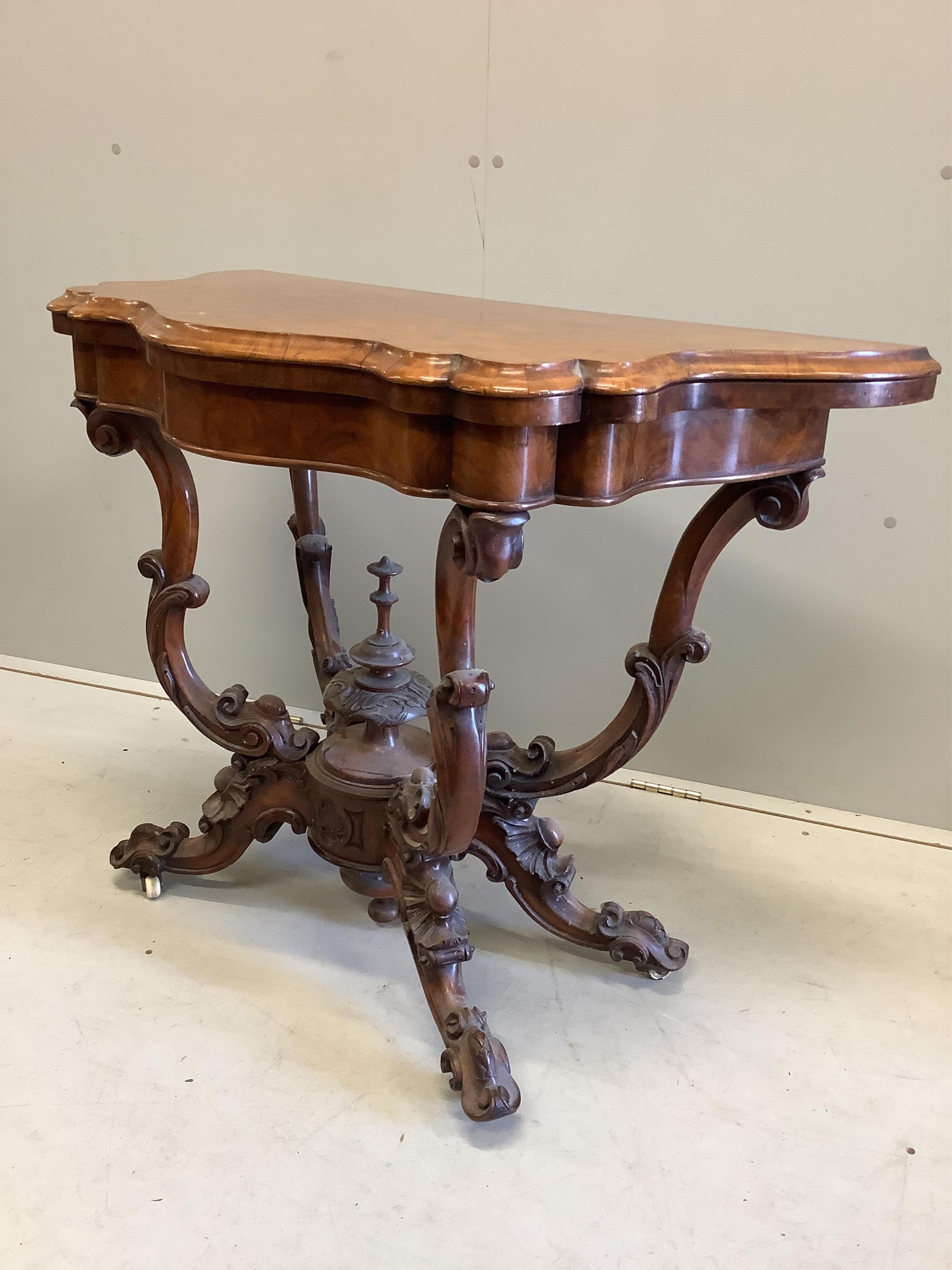 A Victorian burr walnut card table, width 99cm, depth 47cm, height 76cm